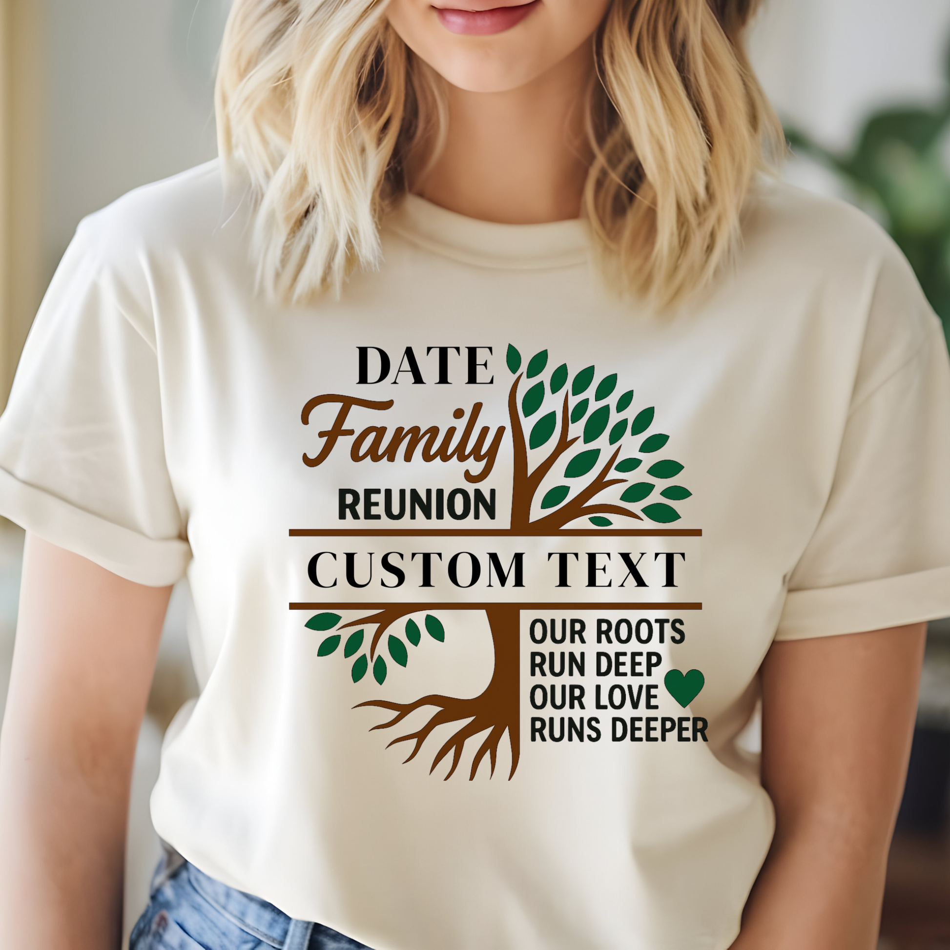 Person wearing a white t-shirt with a family reunion design and customizable text.
