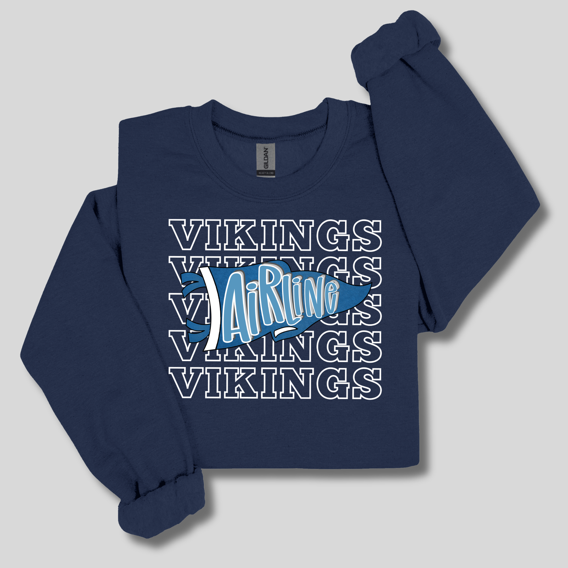 A navy blue long-sleeve sweatshirt with a graphic print on the front. The design features the word 'VIKINGS' repeated vertically in white outline text, overlaid with a blue pennant graphic containing the word 'Airline' in white script.