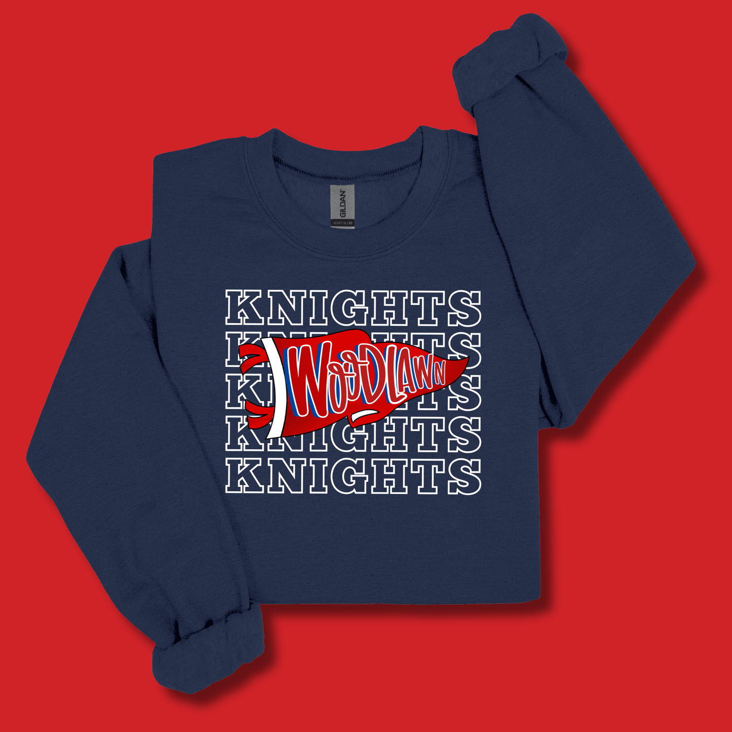 A navy blue long-sleeve sweatshirt with a 'Knights World Series' graphic on the front, displayed flat against a solid red background.