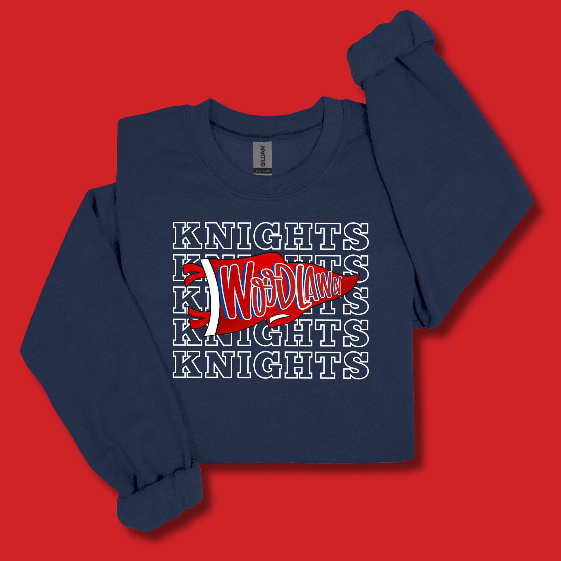 A navy blue long-sleeve sweatshirt with a 'Knights World Series' graphic on the front, displayed flat against a solid red background.