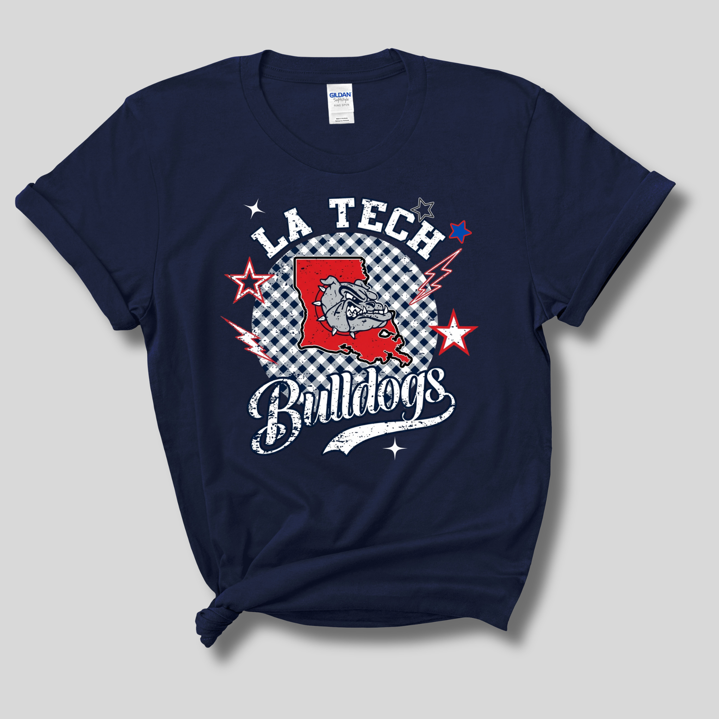 A navy blue short-sleeve t-shirt with a graphic design on the front. The design features the word 'VIKINGS' repeated in white outline text, overlaid with a blue and white pennant graphic containing the stylized text 'AirRune'.