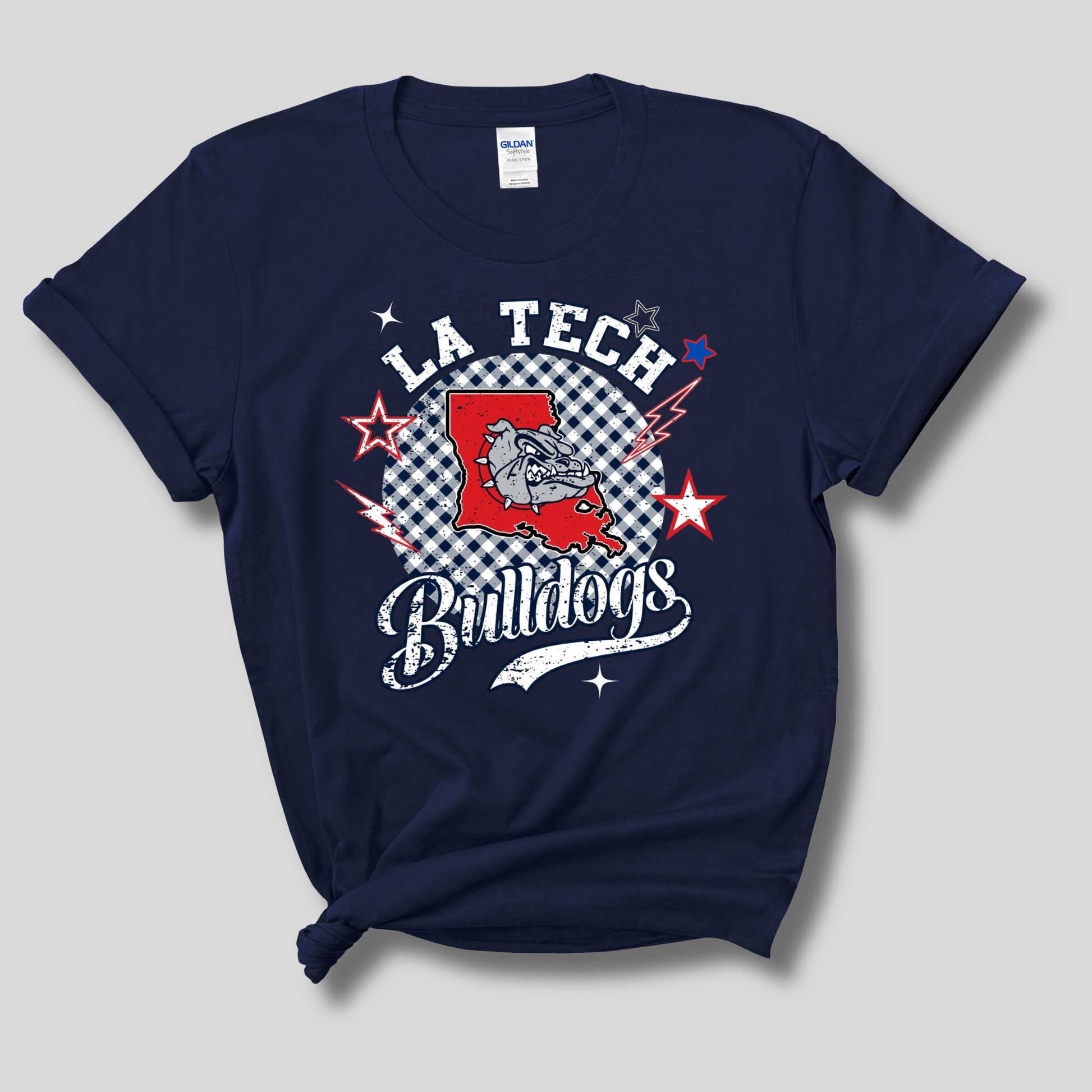 A navy blue short-sleeve t-shirt with a graphic design on the front. The design features the word 'VIKINGS' repeated in white outline text, overlaid with a blue and white pennant graphic containing the stylized text 'AirRune'.