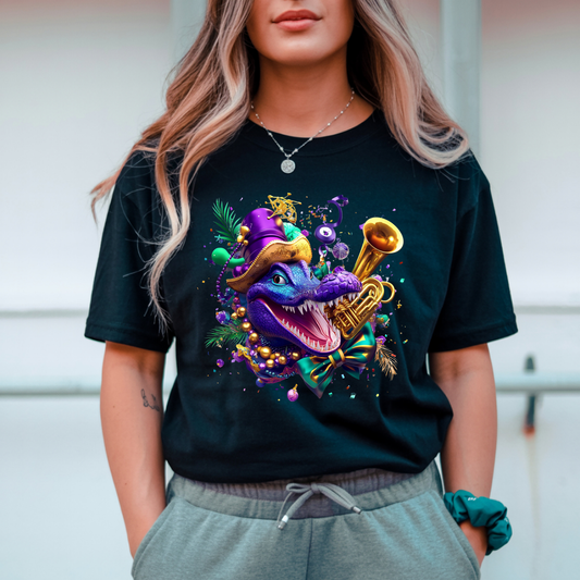 Person wearing a black t-shirt with a colorful dragon graphic design.