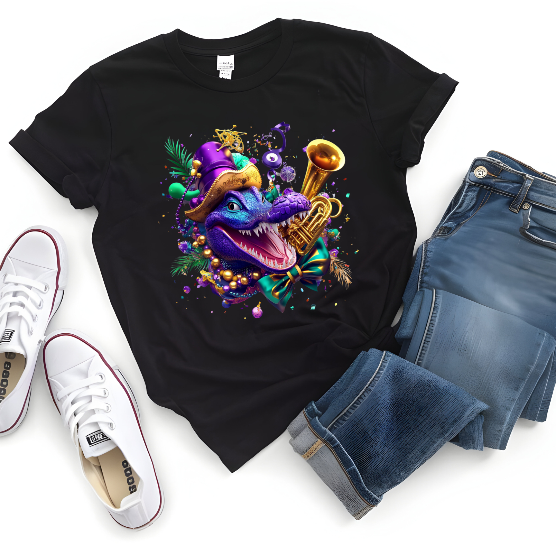Black t-shirt with a colorful graphic design of a dinosaur playing a trumpet, paired with white sneakers and blue jeans on a white background.