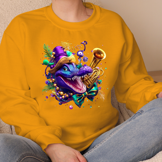 Person wearing a yellow sweatshirt with a colorful dragon design holding a trumpet.