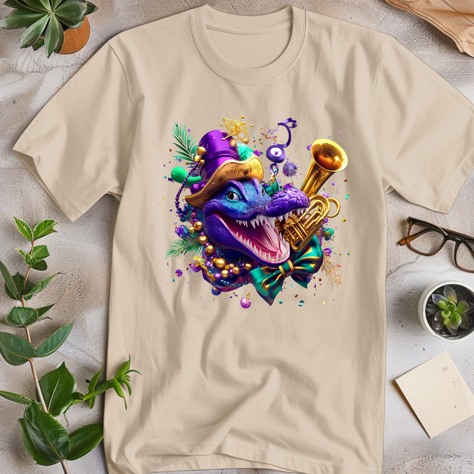 Beige t-shirt with a colorful dragon design holding a trumpet on a light gray surface.