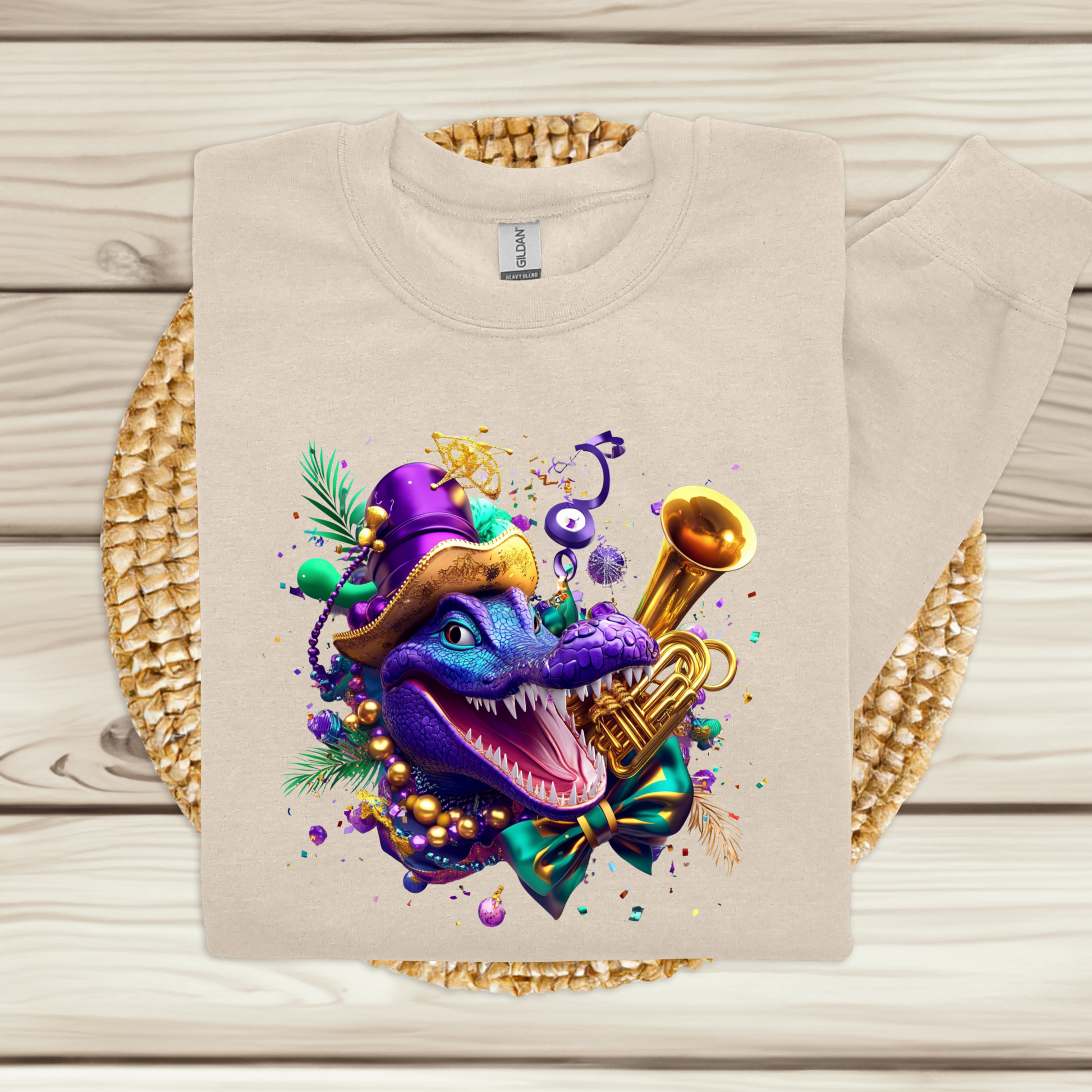 Beige t-shirt with a colorful dragon design on a wooden surface