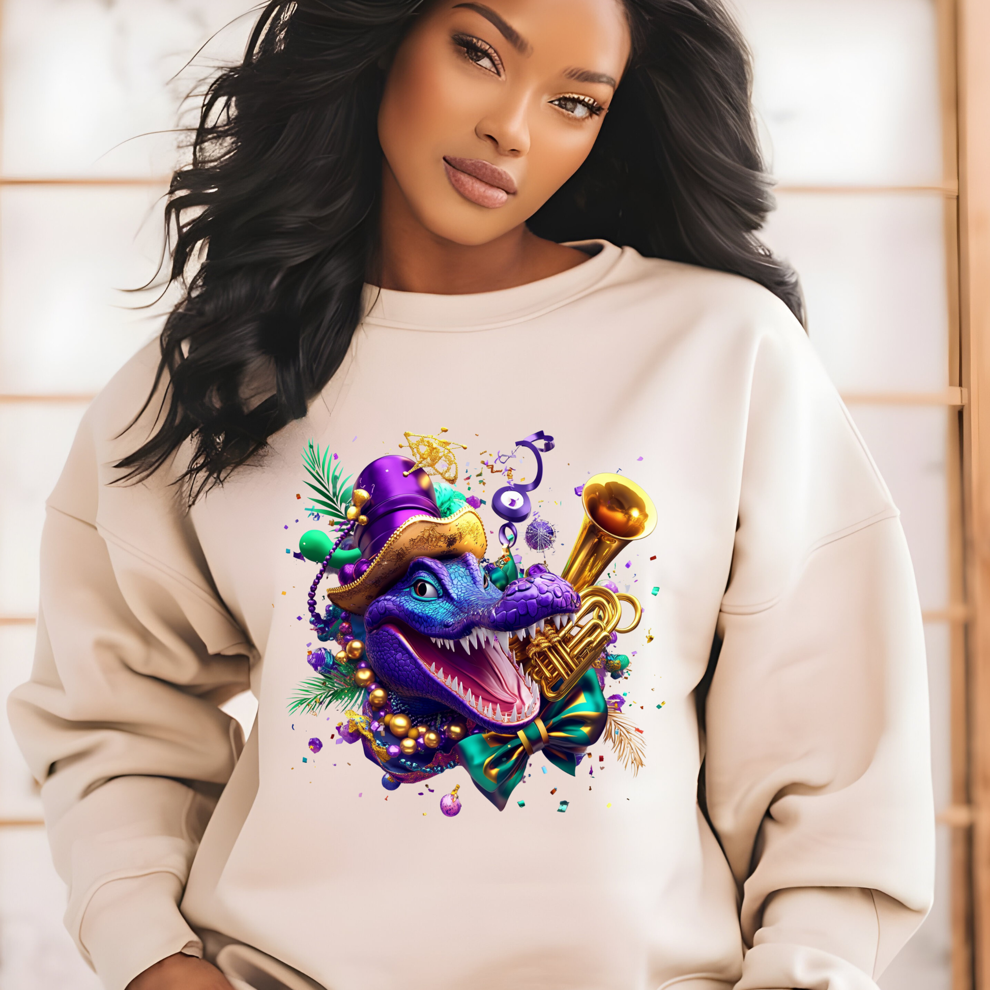 Person wearing a beige sweatshirt with a colorful dragon design on a light wooden background