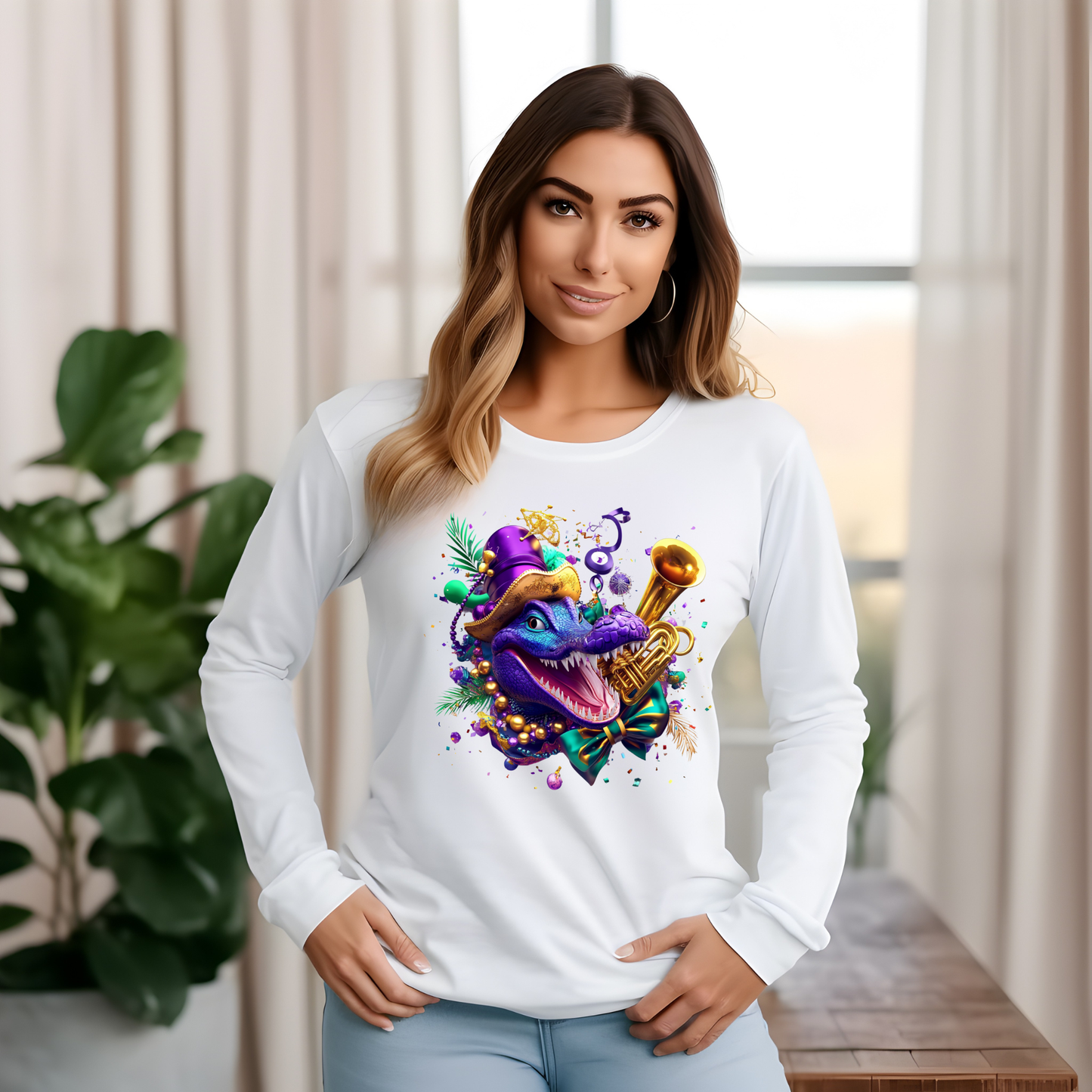Woman wearing a white long-sleeve shirt with a colorful dragon design in a home setting.