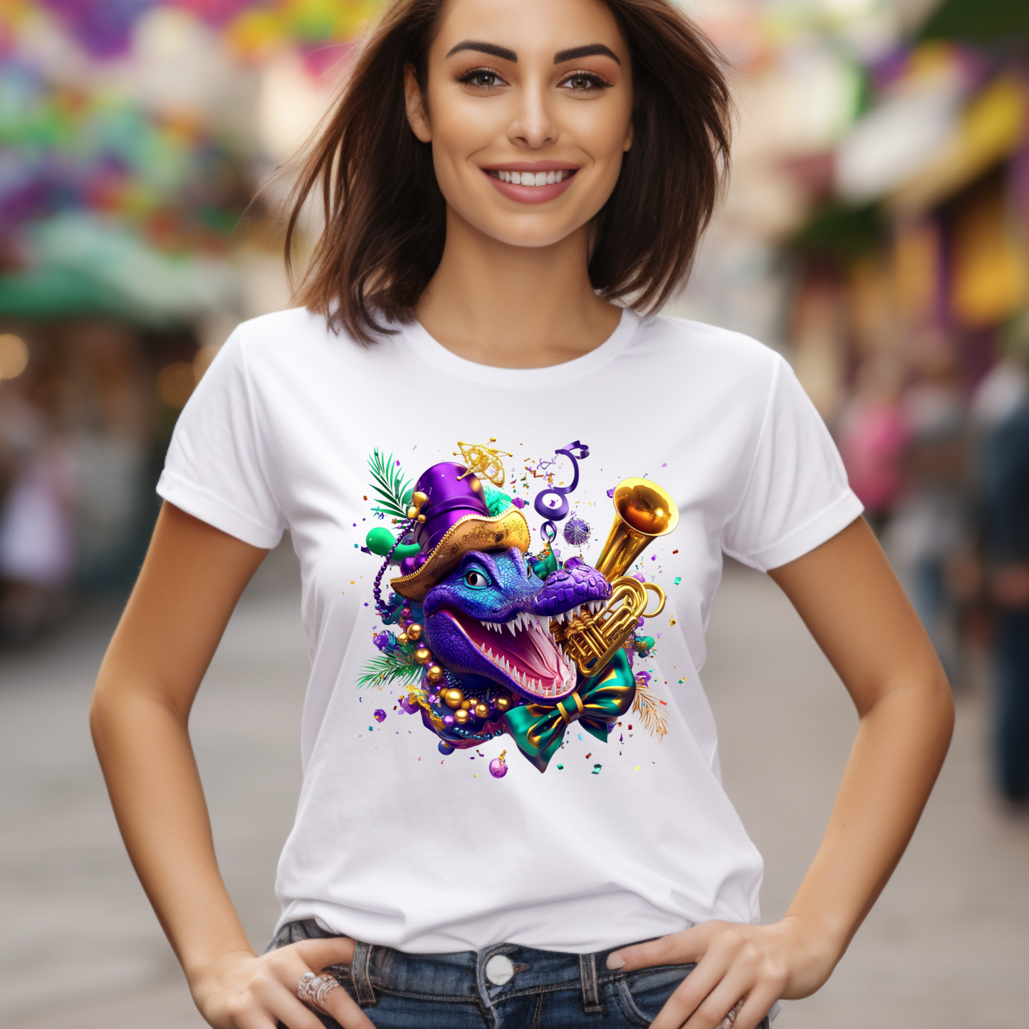 Woman wearing a white t-shirt with a colorful dragon design in an urban setting