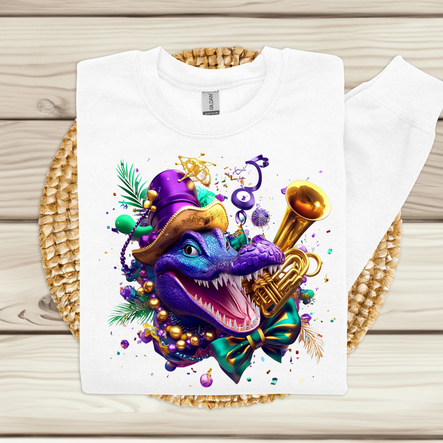 White t-shirt with a colorful dragon design on a wooden surface