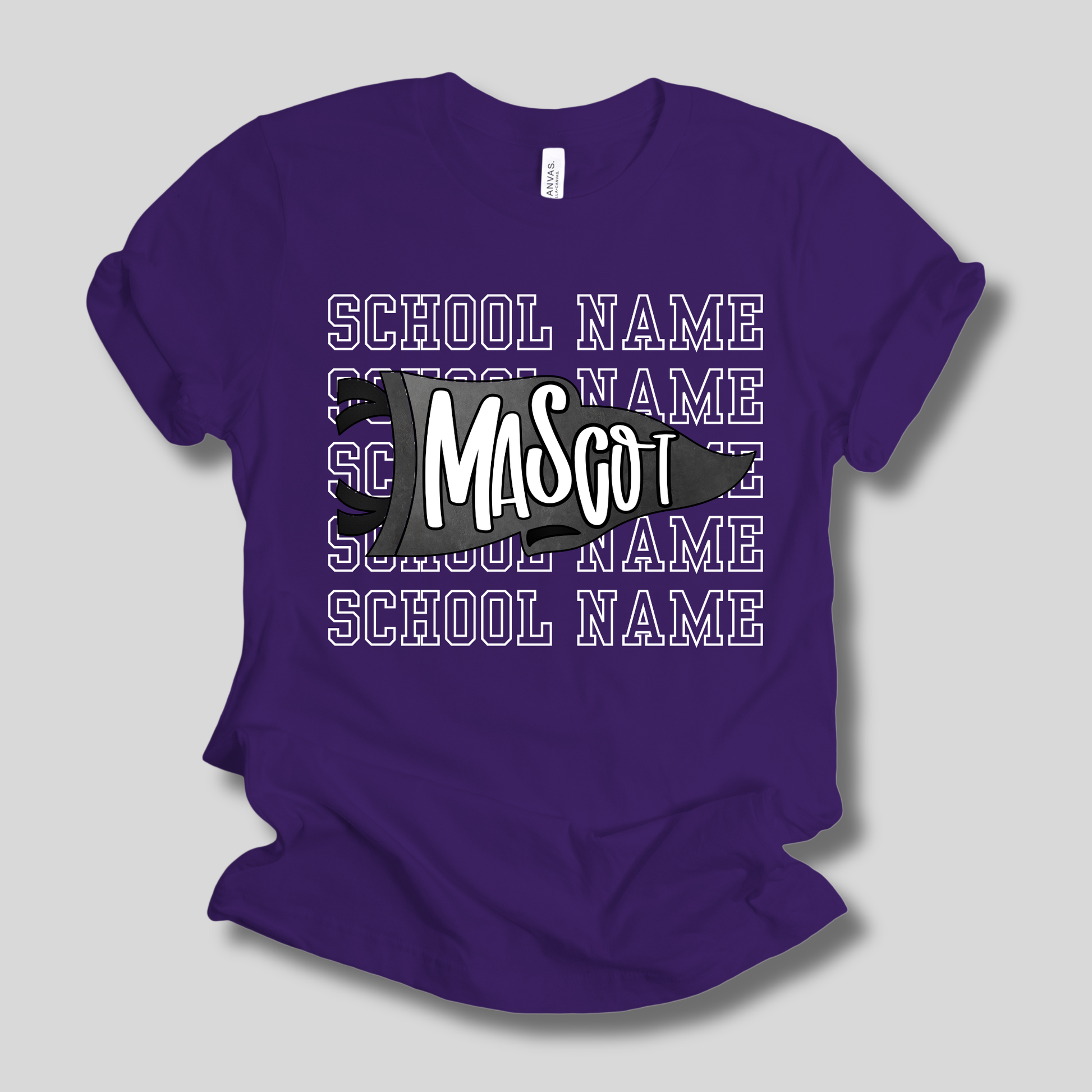 A purple short-sleeve t-shirt with a custom graphic design featuring a gray mascot silhouette, the word 'Mascot' in white with a black outline, and the text 'SCHOOL NAME' repeated in purple and white in the background.