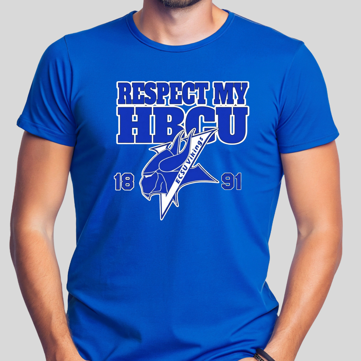 A man wearing a royal blue t-shirt with a white and blue graphic that reads 'RESPECT MY HBCU' above a mascot logo and '1891'.
