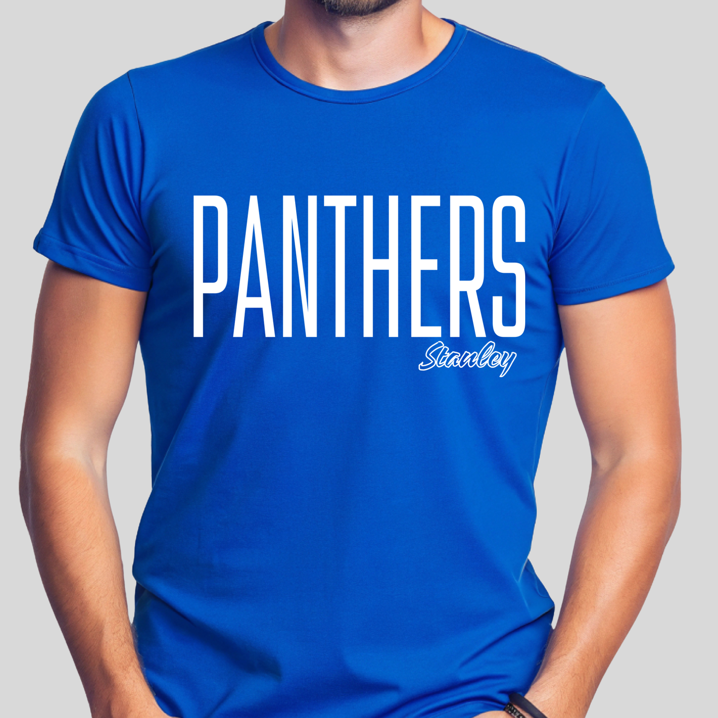 A man wearing a bright blue crewneck t-shirt with 'PANTHERS' printed in large white block letters and 'Stanley' in white script underneath, shown against a solid gray background.
