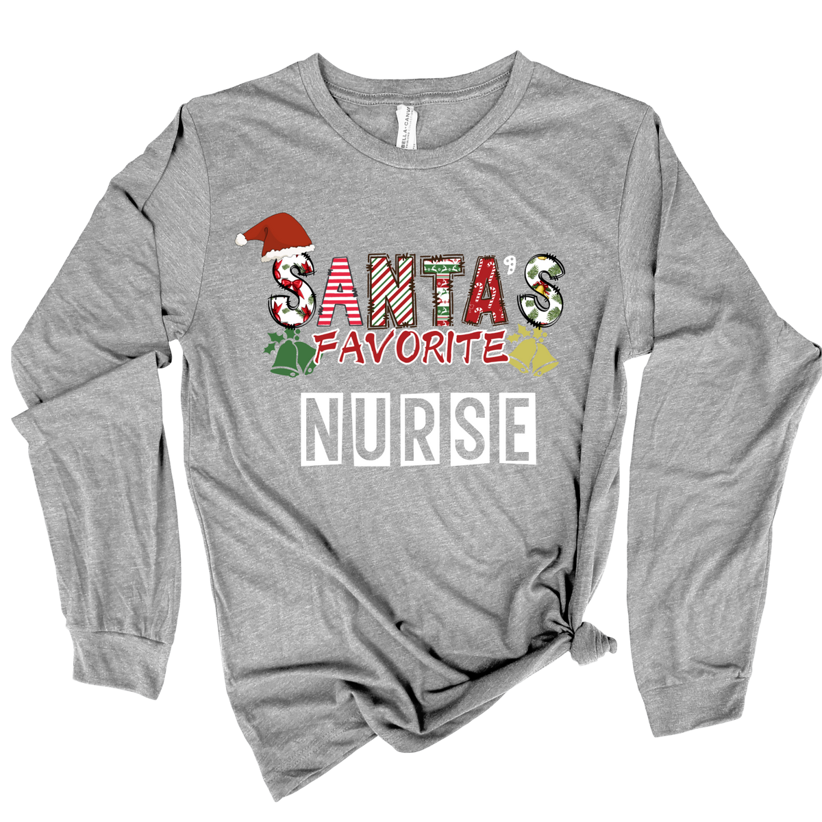A heather gray long-sleeve t-shirt with a 'Santa's Favorite Nurse' graphic on the front, styled with a knot at the bottom hem on a white background.