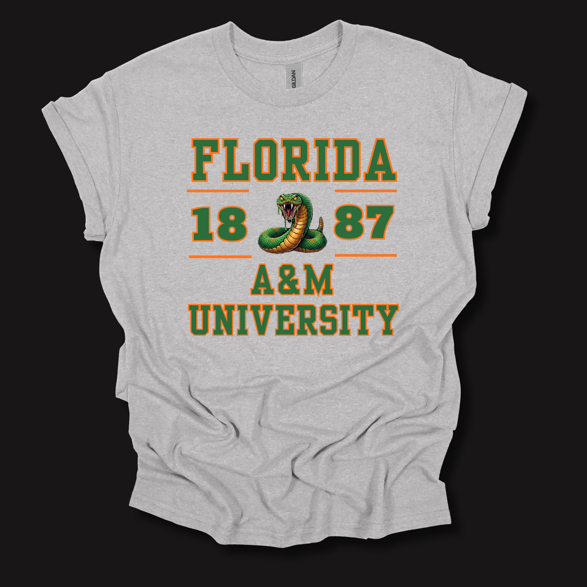 A light heather gray t-shirt with a vintage-style graphic reading 'FLORIDA 1887 A&M UNIVERSITY' in green and orange, featuring a coiled green snake in the center, displayed against a solid black background.