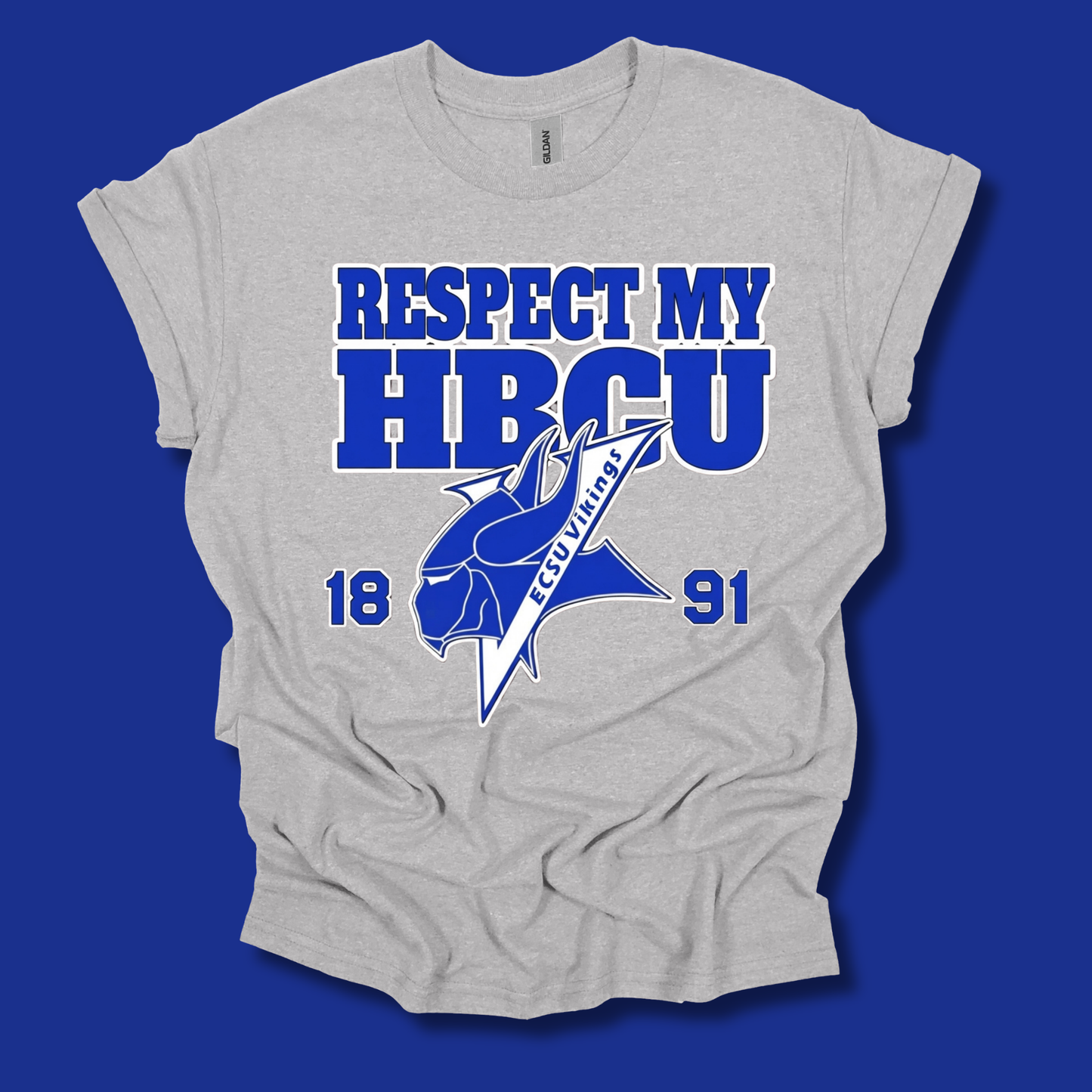 A light heather gray t-shirt with a blue graphic print that reads 'RESPECT MY HBCU' and '1891' with a mascot logo, displayed on a solid blue background.
