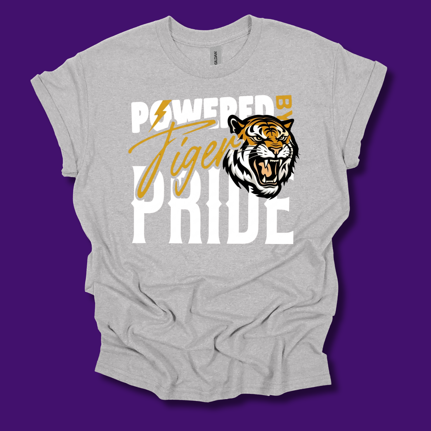 Tigers School Spirit Shirt  - "Powered by Tiger Pride" Game Day "Mascot" T-Shirt