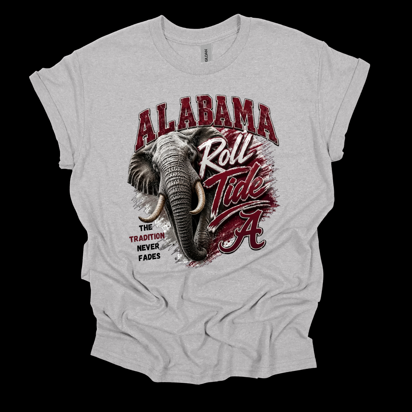 A light heather gray graphic t-shirt featuring an Alabama Crimson Tide elephant and text design, displayed flat against a solid black background.