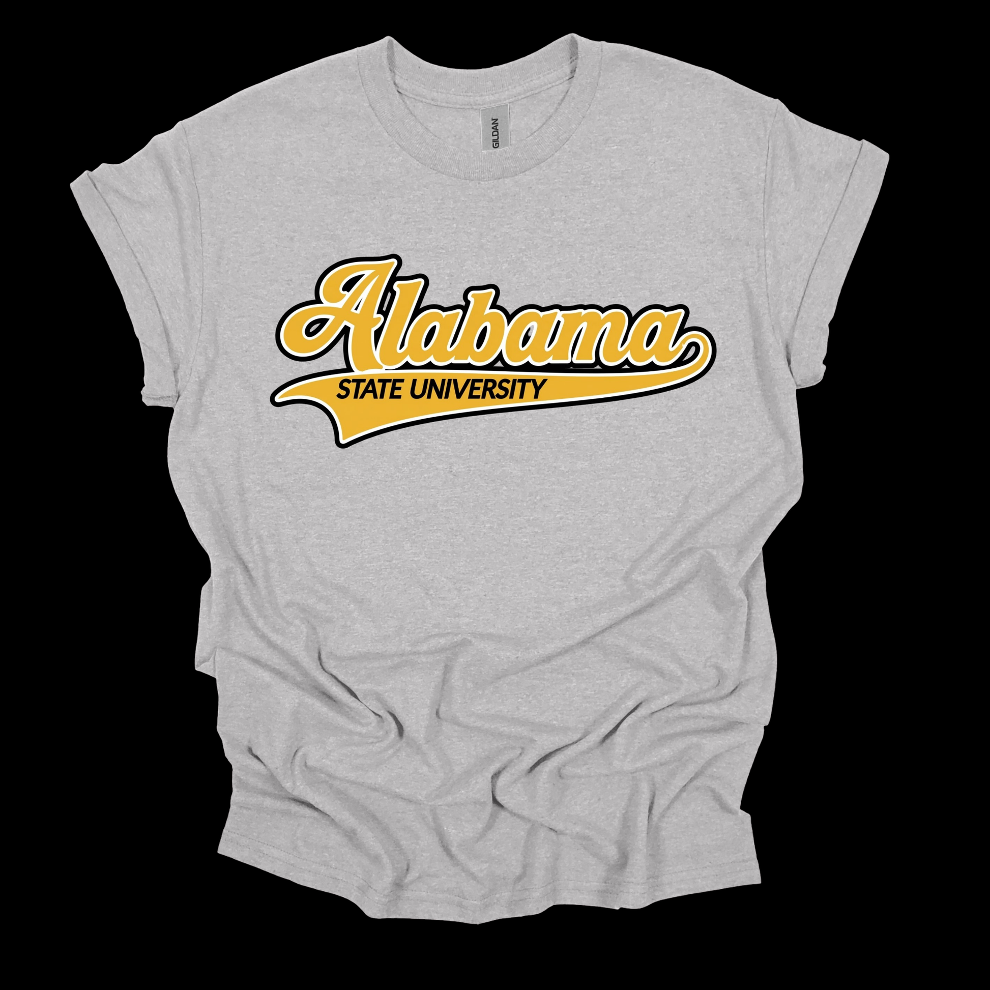 A light heather gray t-shirt with a yellow and black 'Alabama State University' graphic on the front, displayed against a solid black background.