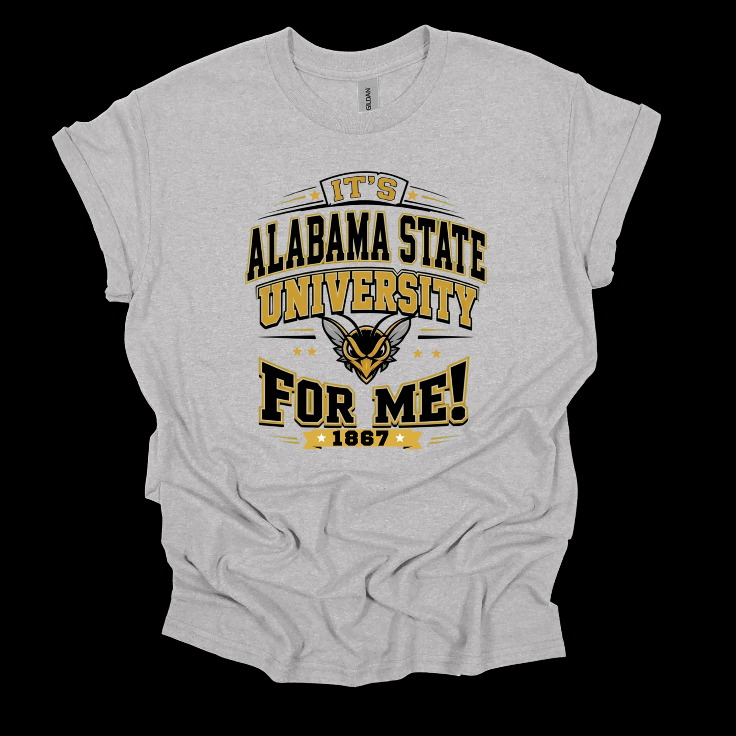 A light heather gray t-shirt with a graphic print that reads 'IT'S ALABAMA STATE UNIVERSITY FOR ME! 1867' in black and gold, featuring the Alabama State Hornets mascot, shown against a solid black background.