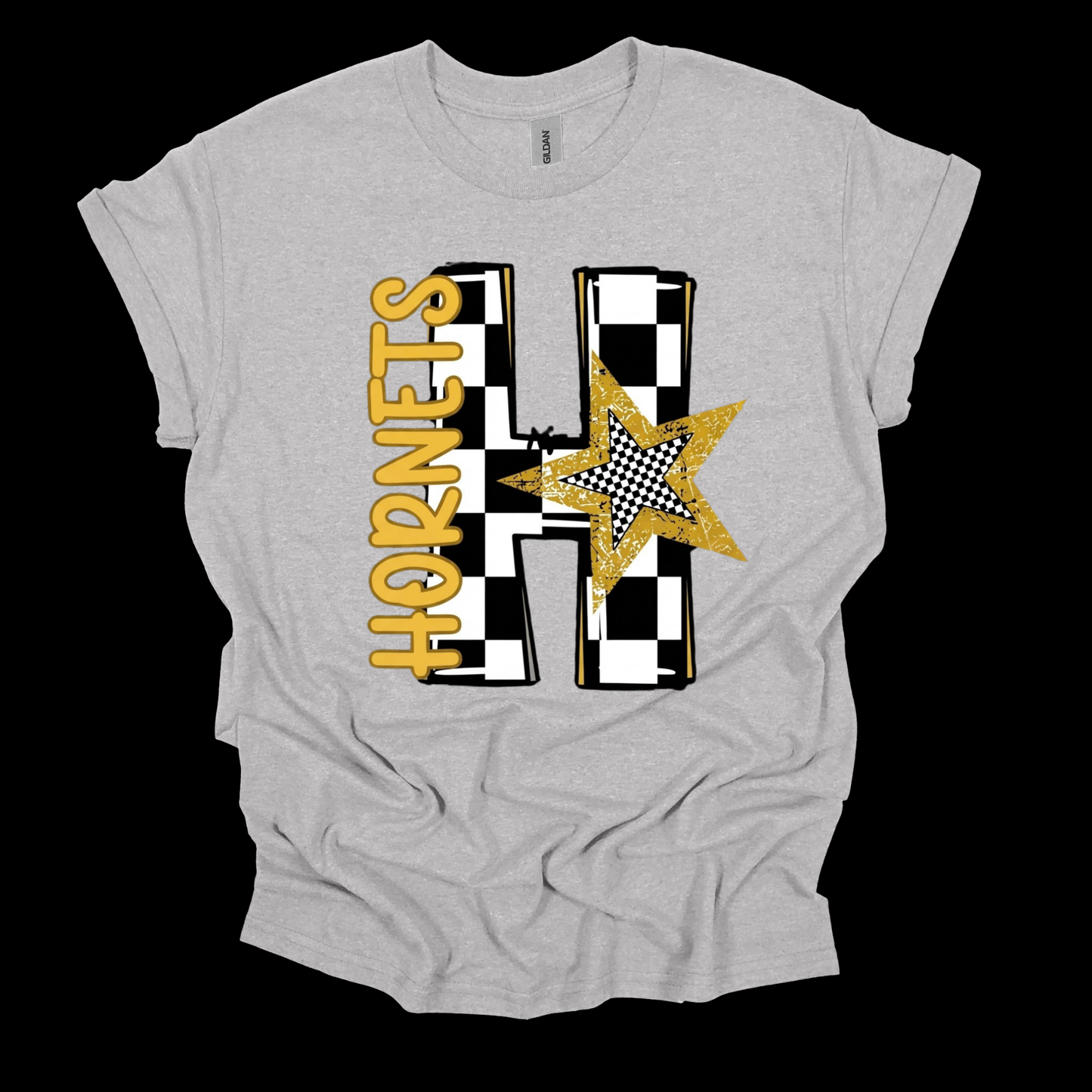 A light heather gray t-shirt with a graphic design featuring a large black and white checkered letter 'H', the word 'HORNETS' in gold script, and a gold glittery star on a black background.