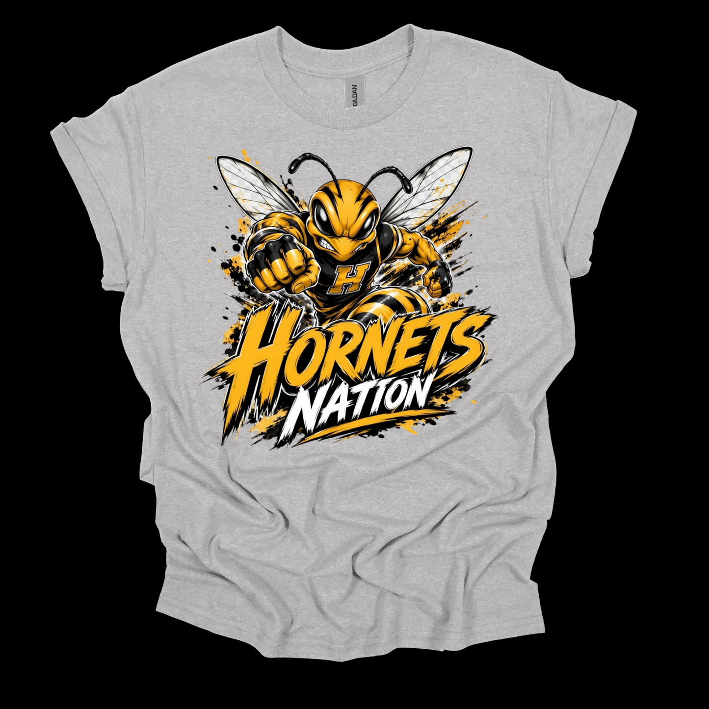 A light heather gray t-shirt with a large graphic of a yellow and black hornet and the text 'Hornets Nation' in yellow and white, shown against a solid black background.
