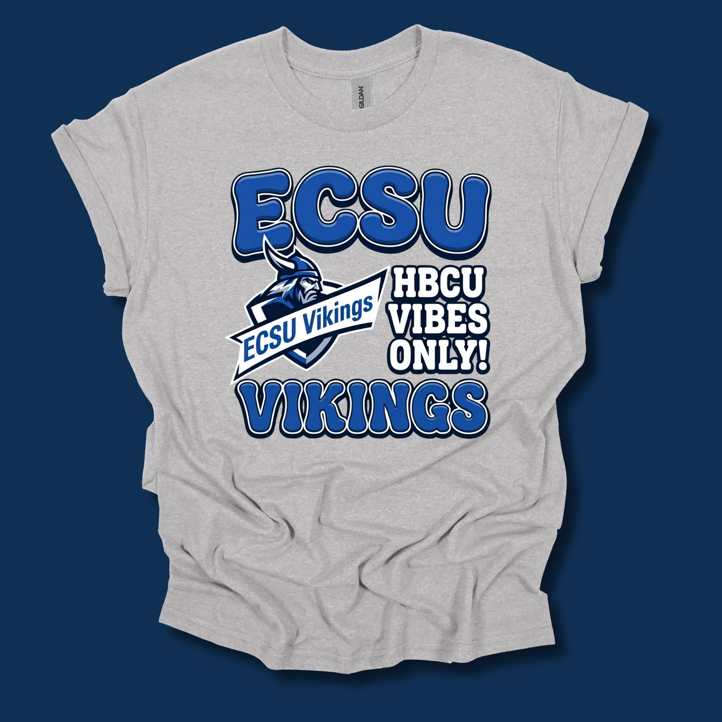A light heather gray t-shirt with a blue and white graphic print that reads 'ECSU Vikings HBCU VIBES ONLY!' featuring a Viking mascot logo, displayed against a solid dark blue background.