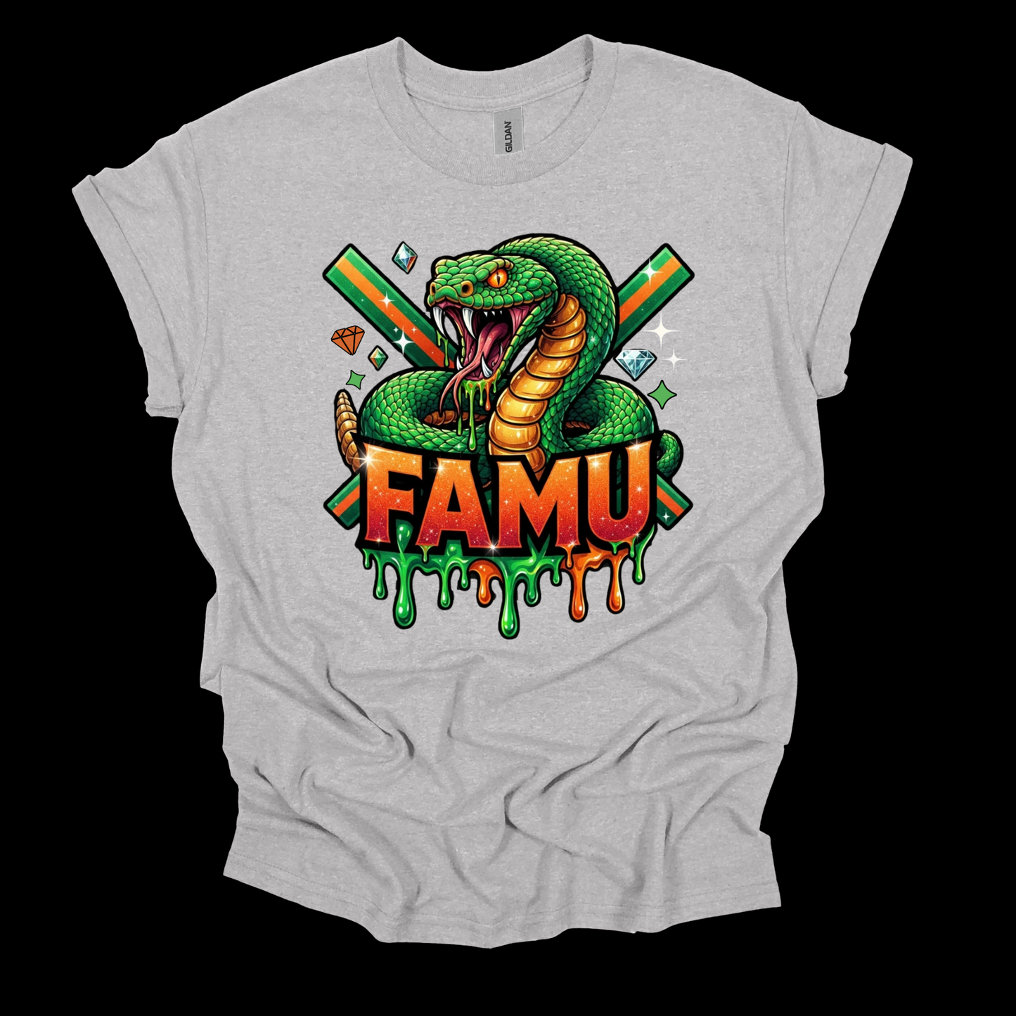 A light gray heather t-shirt with a large graphic print of a green snake wrapped around crossed orange and green bats, with the text 'FAMU' in dripping red and orange letters below, displayed against a solid black background.