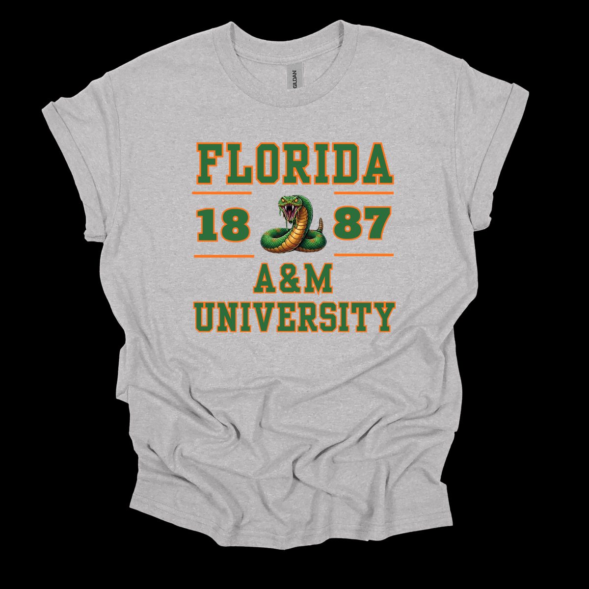 A light heather gray t-shirt with a vintage-style graphic reading 'FLORIDA 1887 A&M UNIVERSITY' in green and orange, featuring a green snake illustration, displayed against a solid black background.