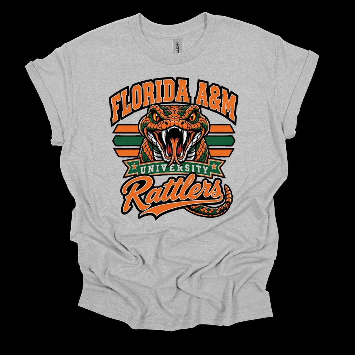 A light heather gray t-shirt with a graphic print of a Florida A&M University Rattler snake mascot and text, displayed against a solid black background.