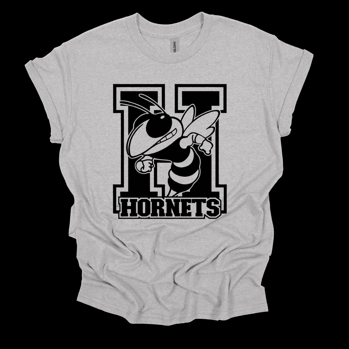 A light heather gray t-shirt with a black and white graphic of a hornet mascot inside a large letter 'H' and the word 'HORNETS' printed on the front, displayed against a solid black background.