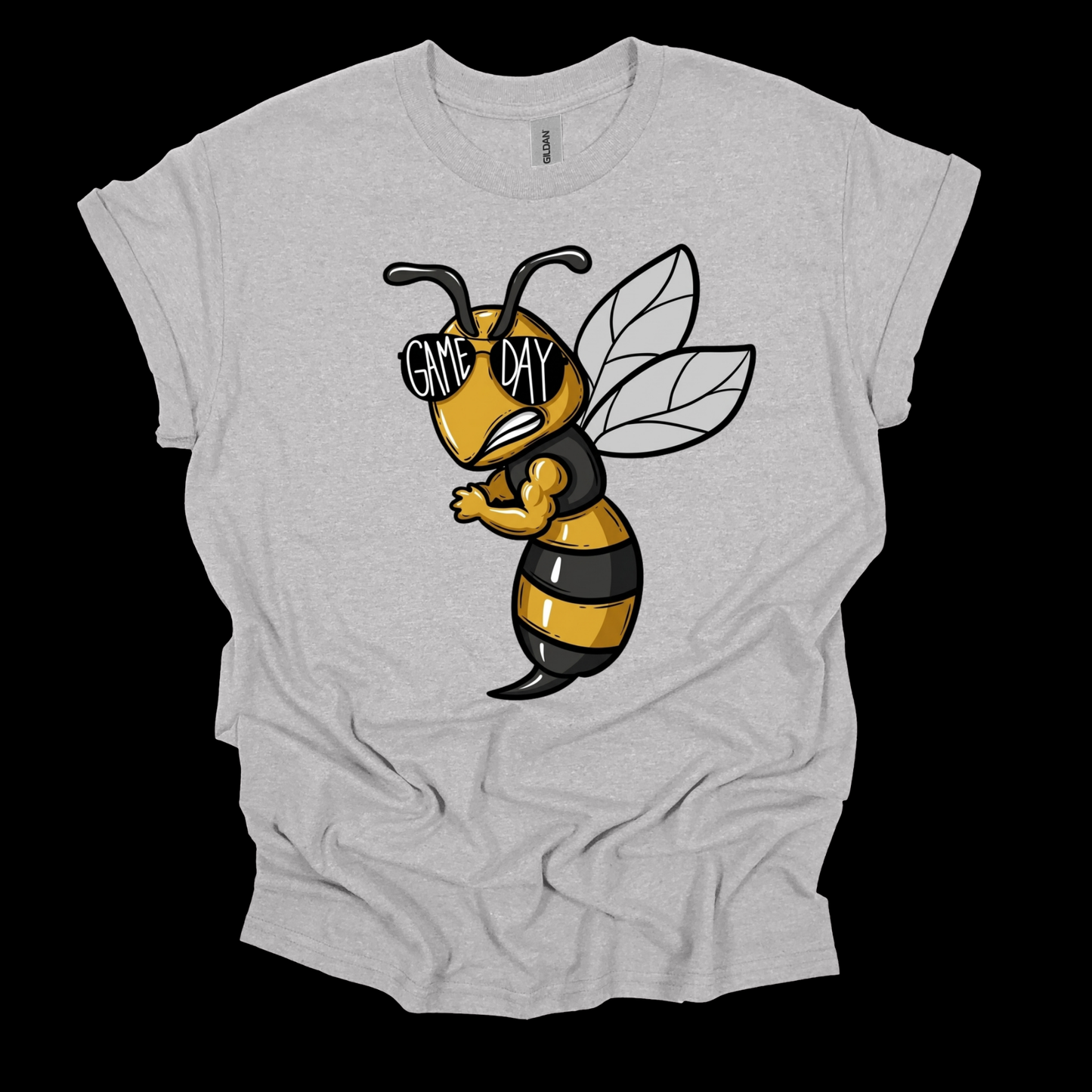 A light heather gray women's t-shirt with a graphic of a cartoon bee wearing black and yellow stripes and white sunglasses that read 'GAME DAY'.