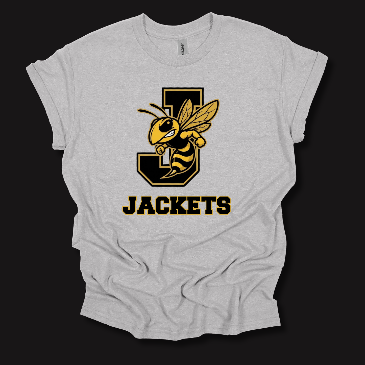 A light heather gray t-shirt with a graphic of a yellow and black bee on a large letter 'J' and the word 'JACKETS' underneath, displayed on a solid black background.