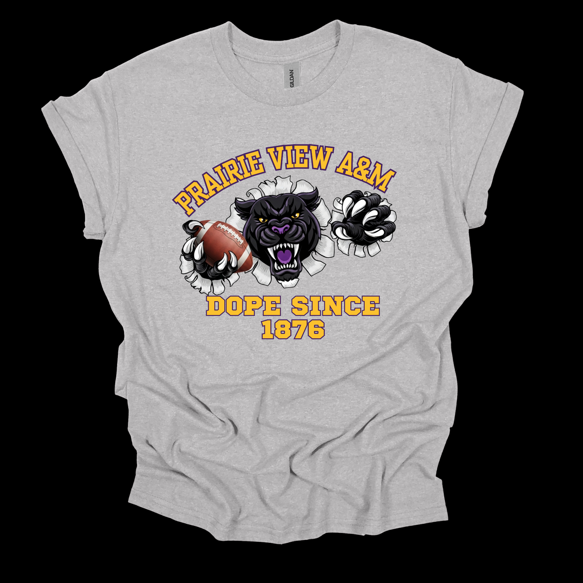 A light heather gray graphic t-shirt featuring a bold design with a roaring black panther holding a football, surrounded by torn white paper. The text 'PRAIRIE VIEW A&M' is printed in yellow above the panther, and 'DOPE SINCE 1876' is printed below in yellow.