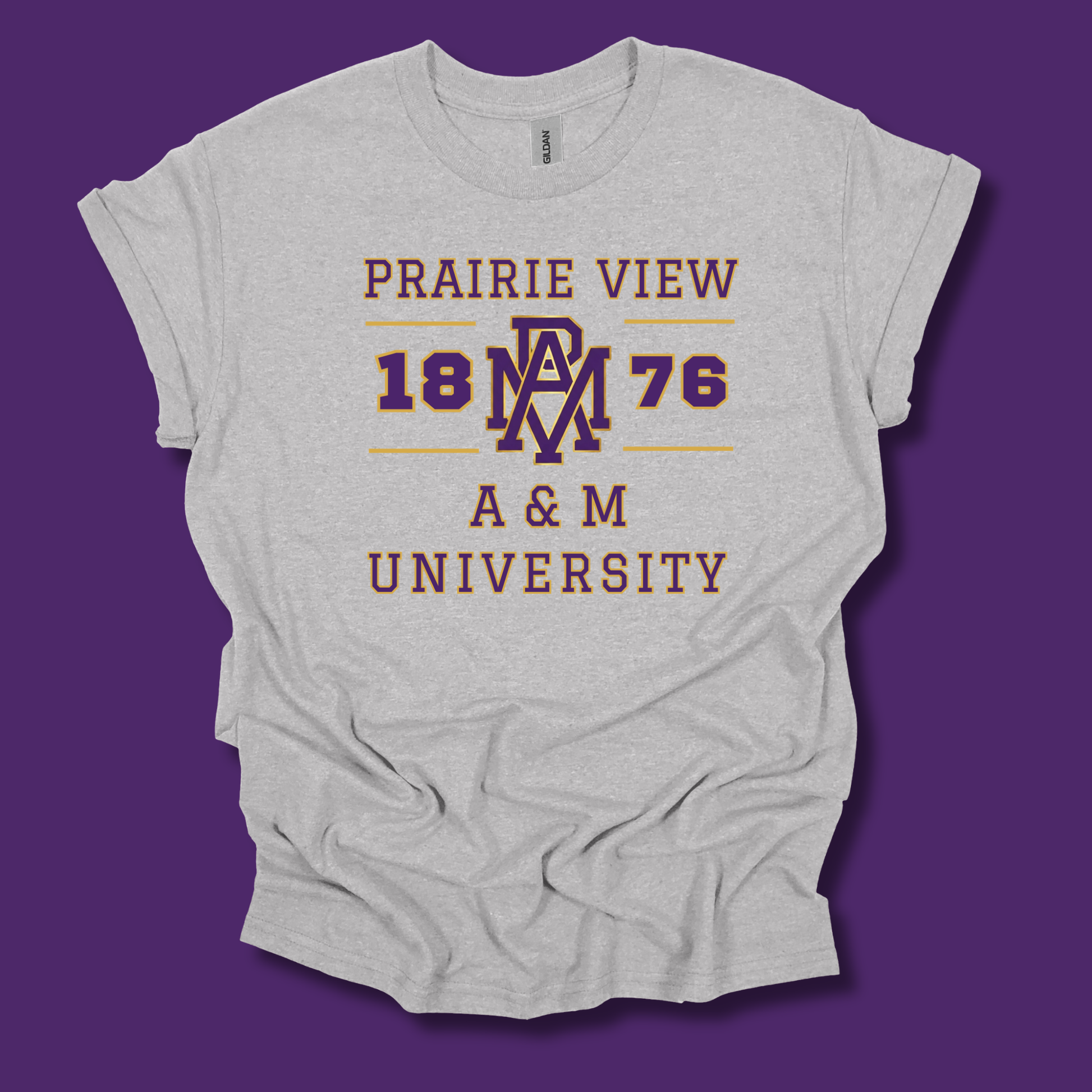 A light heather gray t-shirt with a vintage-style graphic reading 'PRAIRIE VIEW 18 NM 76 A & M UNIVERSITY' in maroon and purple, displayed against a solid purple background.