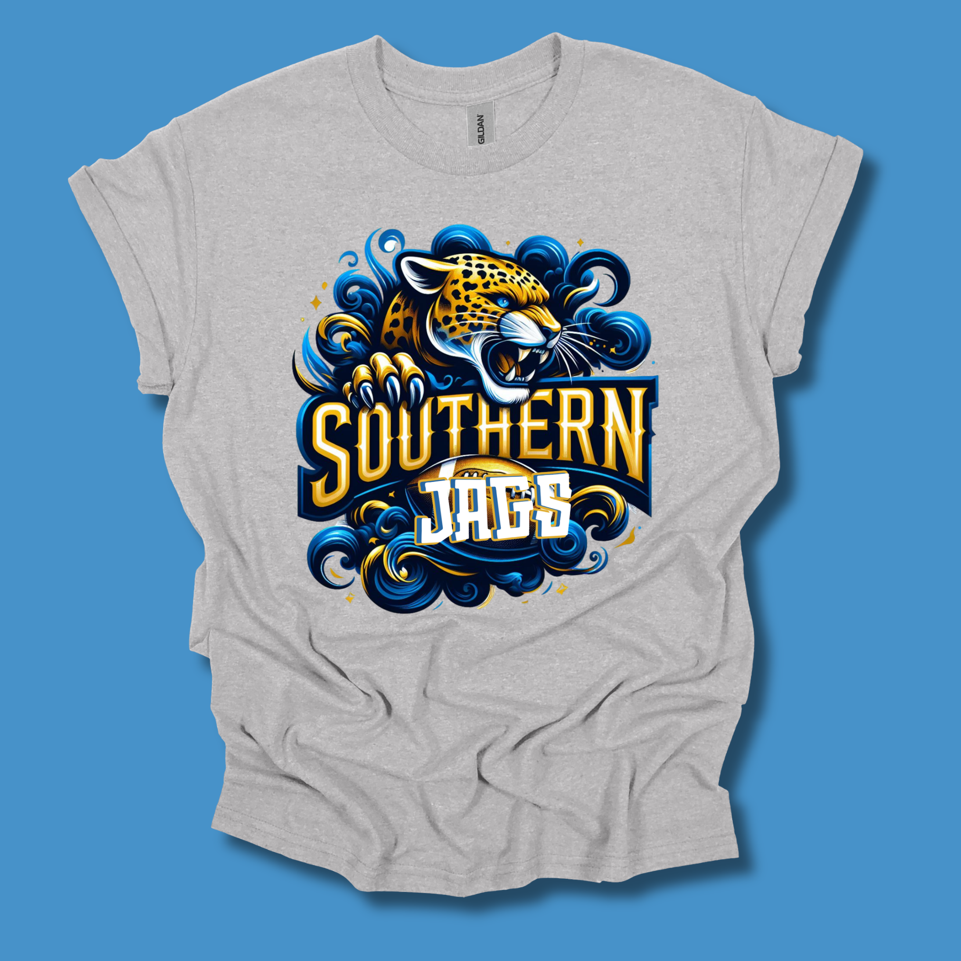 A light heather gray t-shirt with a graphic print of a Southern Jaguars mascot, featuring a stylized jaguar head and the words 'SOUTHERN JAGUARS' in bold yellow, blue, and white lettering, set against a solid blue background.