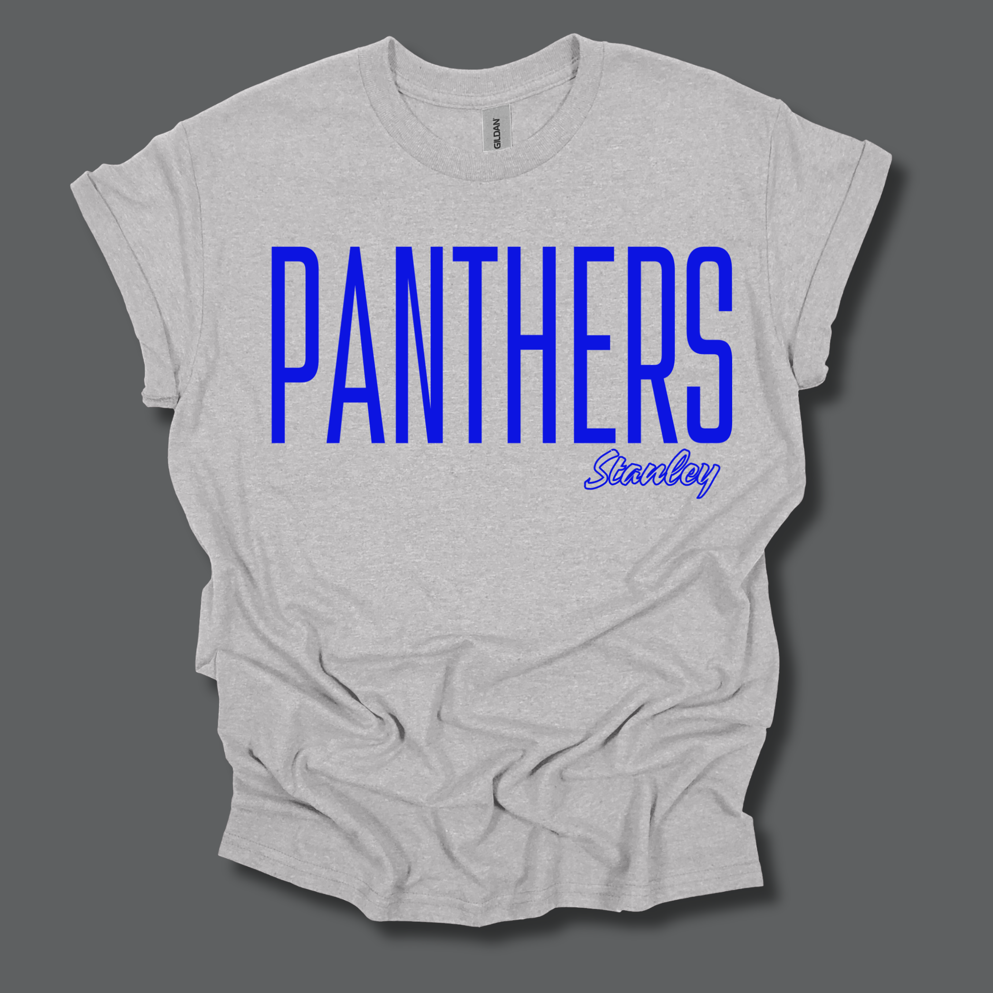 A light heather gray t-shirt with 'PANTHERS' printed in bold blue block letters across the chest, and 'Stanley' in a smaller blue script font underneath, displayed on a solid dark gray background.