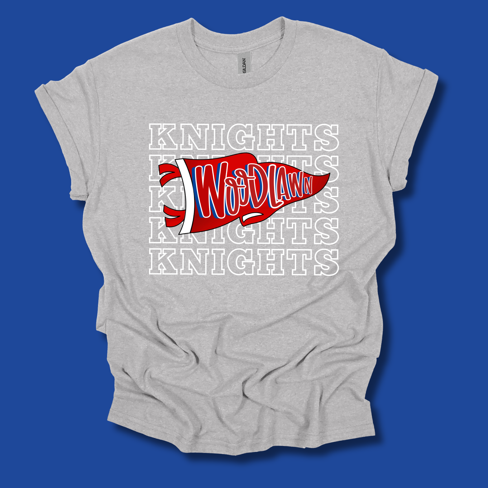 A light heather gray t-shirt with a graphic design featuring a red and white pennant that reads 'Wood Lark' over a faded white repeating 'KNIGHTS' background, displayed on a solid blue background.