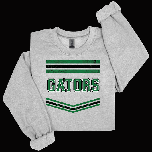 A light heather gray long-sleeve sweatshirt with a distressed green and black graphic on the front featuring the word 'GATORS' and striped accents, displayed against a solid black background.
