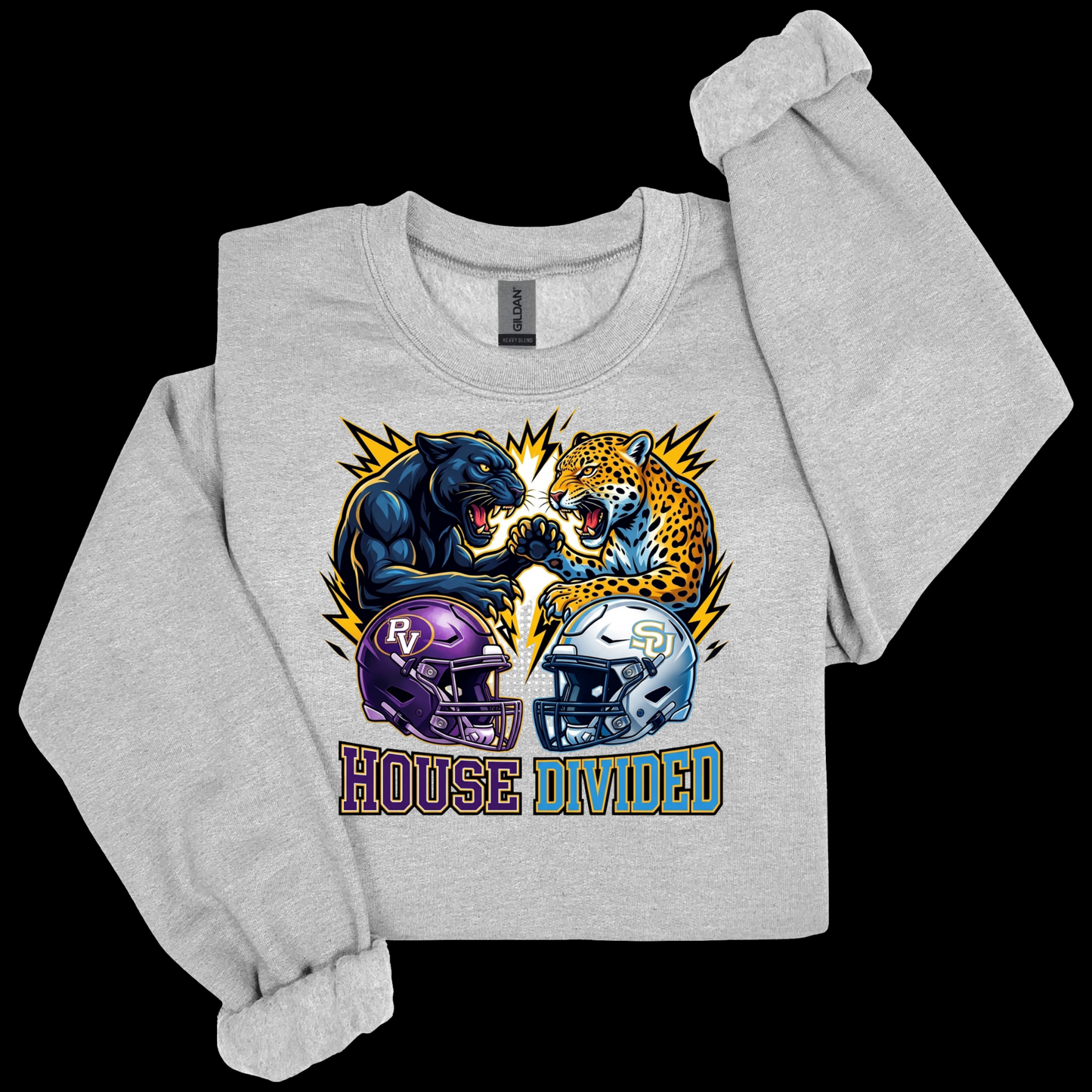 A light heather gray long-sleeve t-shirt with a graphic print of a black bear and a leopard facing each other, with purple and white football helmets below and the text 'HOUSE DIVIDED'. The shirt is displayed flat against a solid black background.