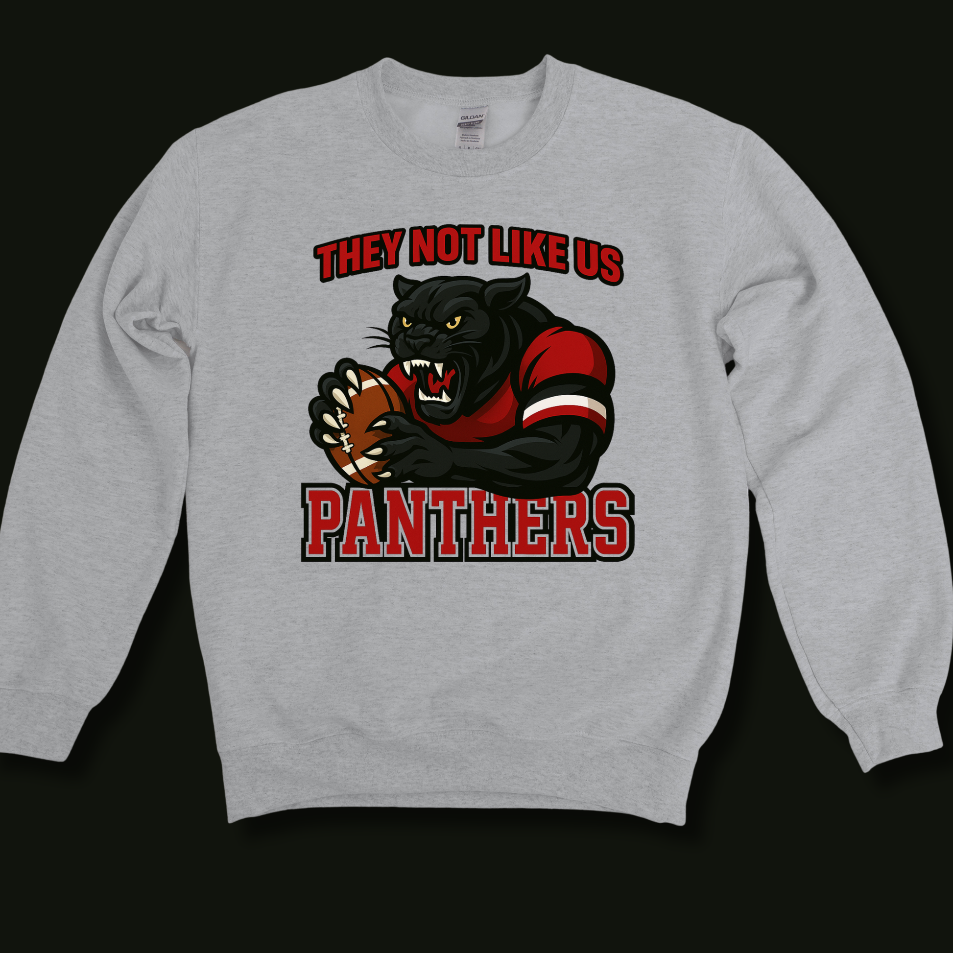 A light gray crewneck sweatshirt featuring a graphic of a black panther holding a football, with the text 'THEY NOT LIKE US PANTHERS' in red and black.