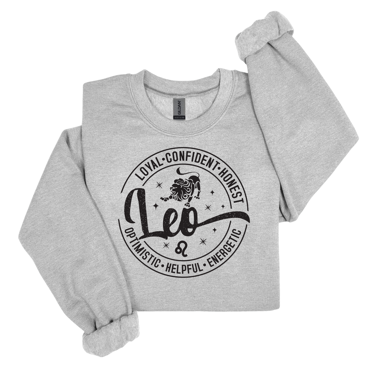Woman wearing a vibrant grey Leo zodiac t-shirt featuring a white round graphic with a lion illustration, the word "Leo," and positive trait keywords like loyal, confident, honest, energetic, helpful, and optimistic.