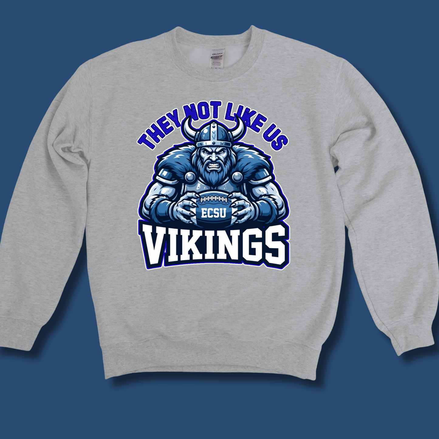 A light gray crewneck sweatshirt featuring a graphic of a blue and white Viking football player with the text 'THEY NOT LIKE US VIKINGS' and 'ECSU' on the football, displayed against a solid blue background.