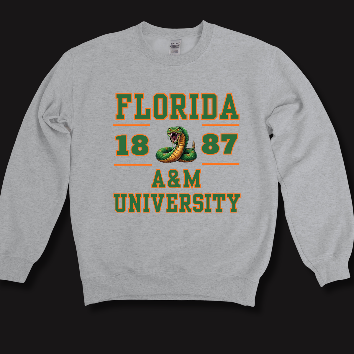 A light heather gray crewneck sweatshirt featuring a distressed purple and yellow graphic on the chest that reads 'LOUISIANA Tigers' with horizontal stripes and chevron details, shown against a solid black background.