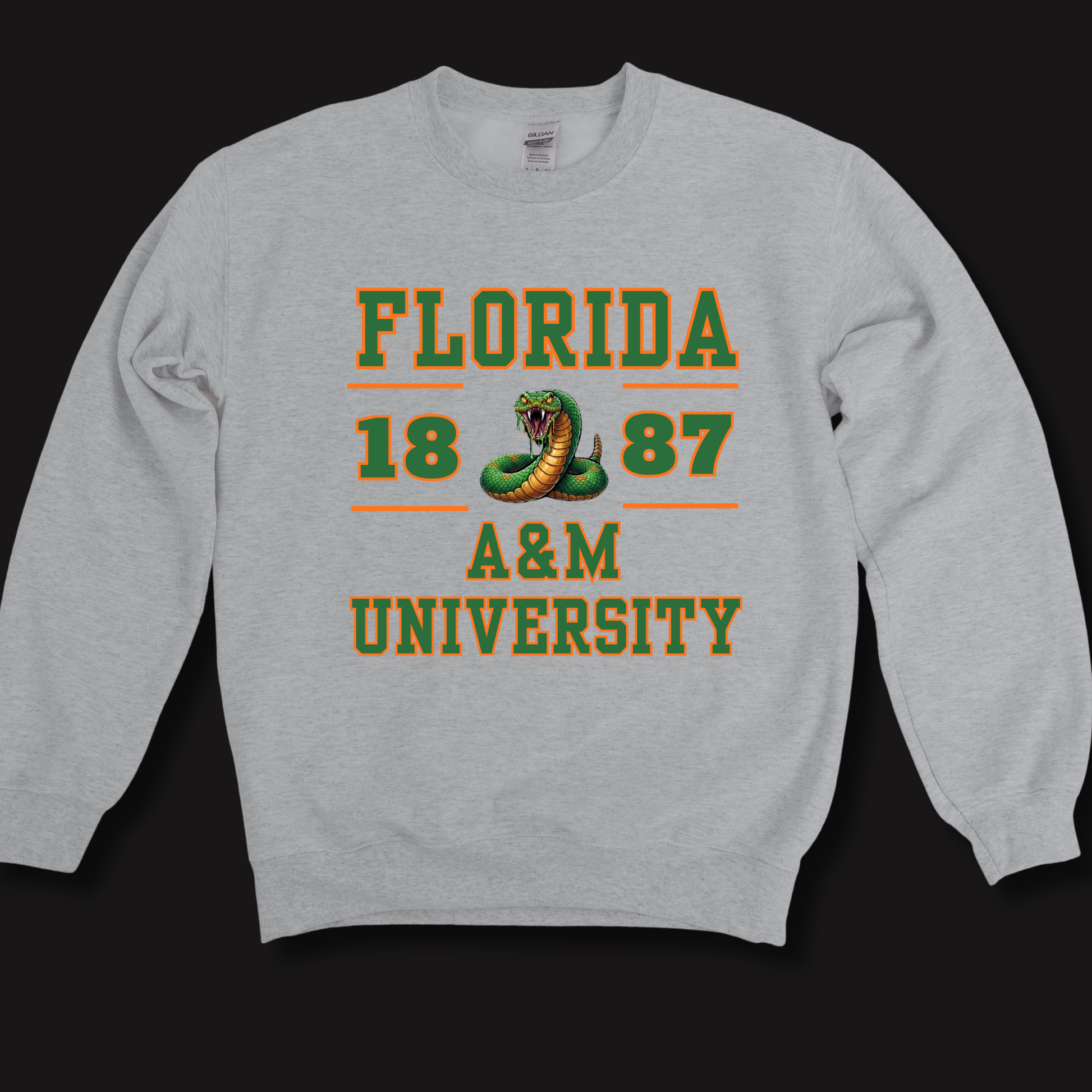 A light heather gray crewneck sweatshirt featuring a distressed purple and yellow graphic on the chest that reads 'LOUISIANA Tigers' with horizontal stripes and chevron details, shown against a solid black background.