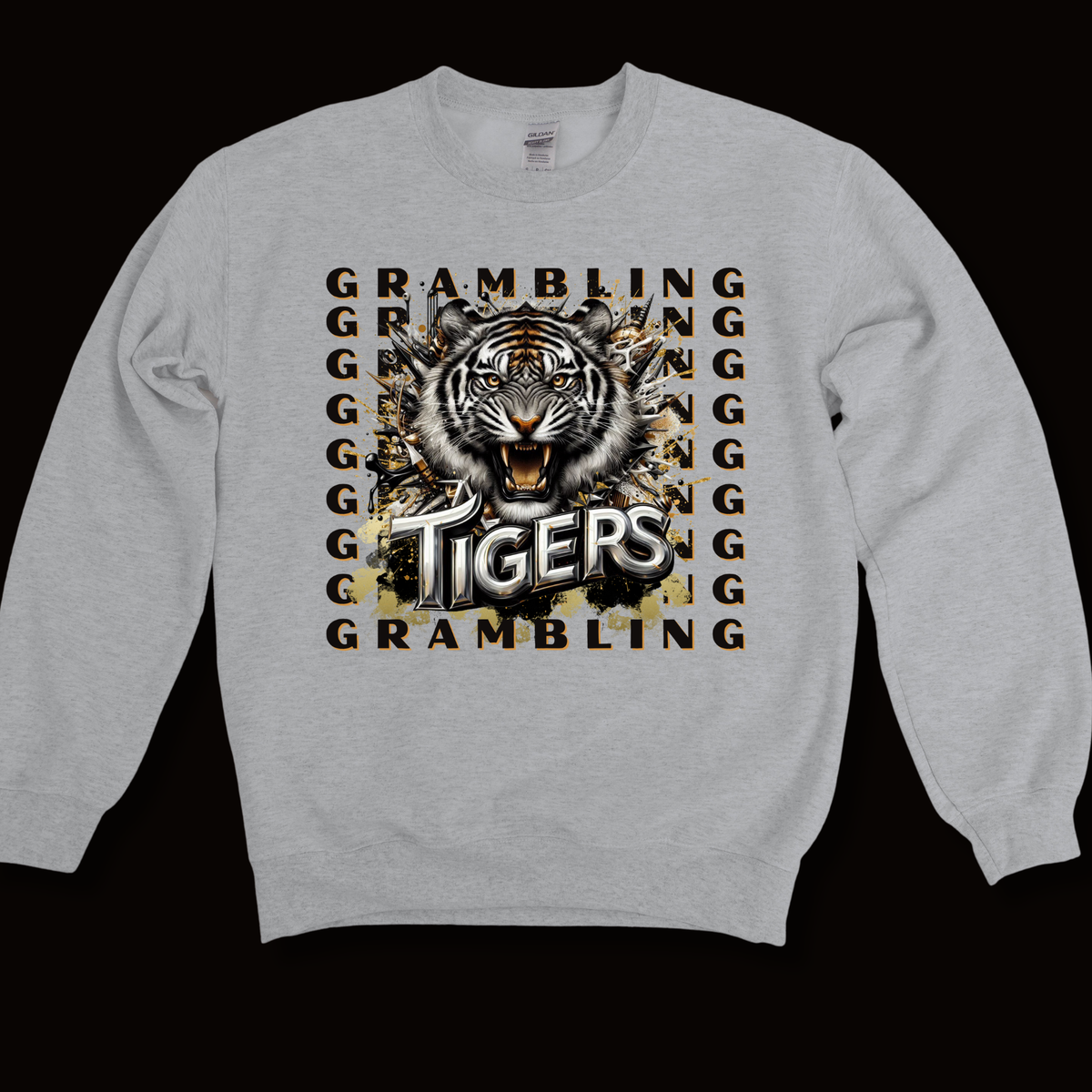 A light gray crewneck sweatshirt with a large graphic print on the front featuring a roaring tiger, the word 'TIGERS' in stylized white lettering, and the word 'GRAMBLING' repeated in black and gold.