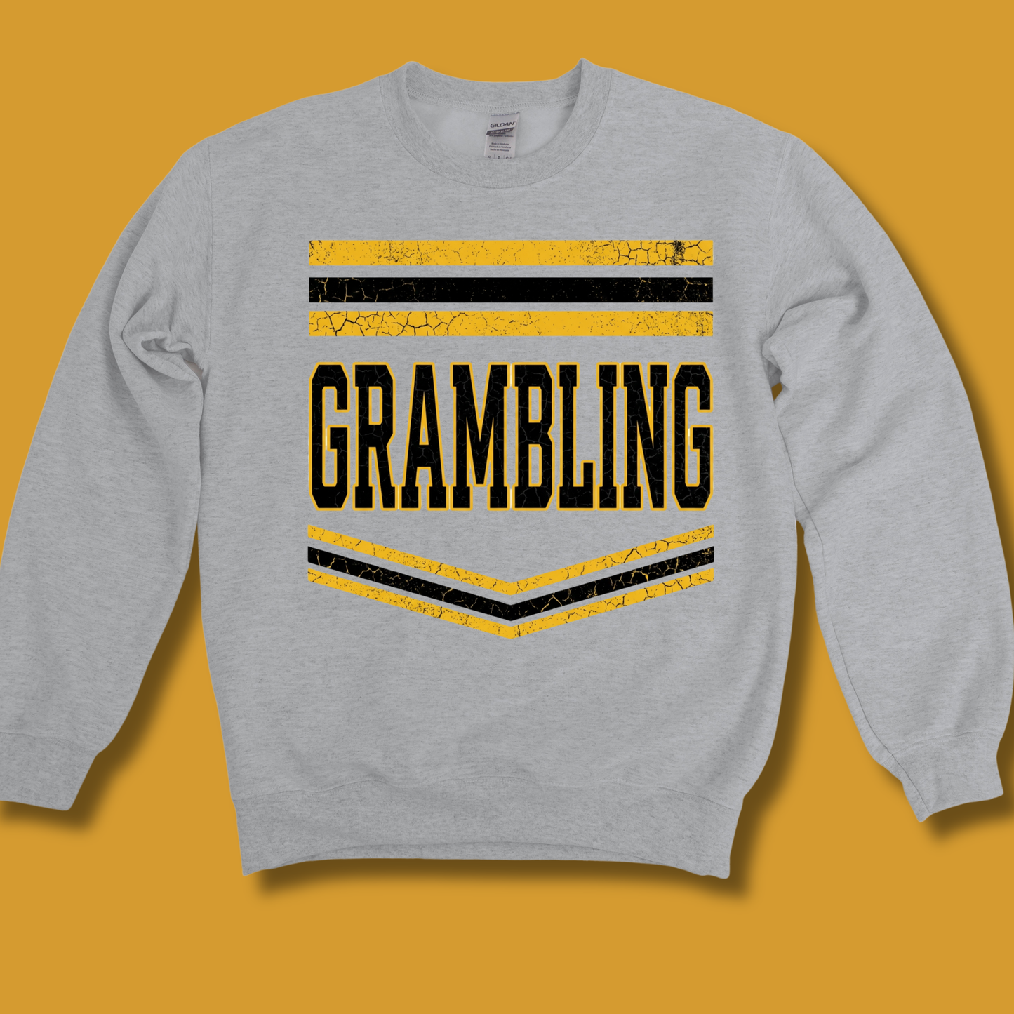 A light heather gray crewneck sweatshirt featuring a distressed graphic on the chest with red and black stripes and the word 'PANTHERS' in bold black letters outlined in red, set against a solid dark red background.