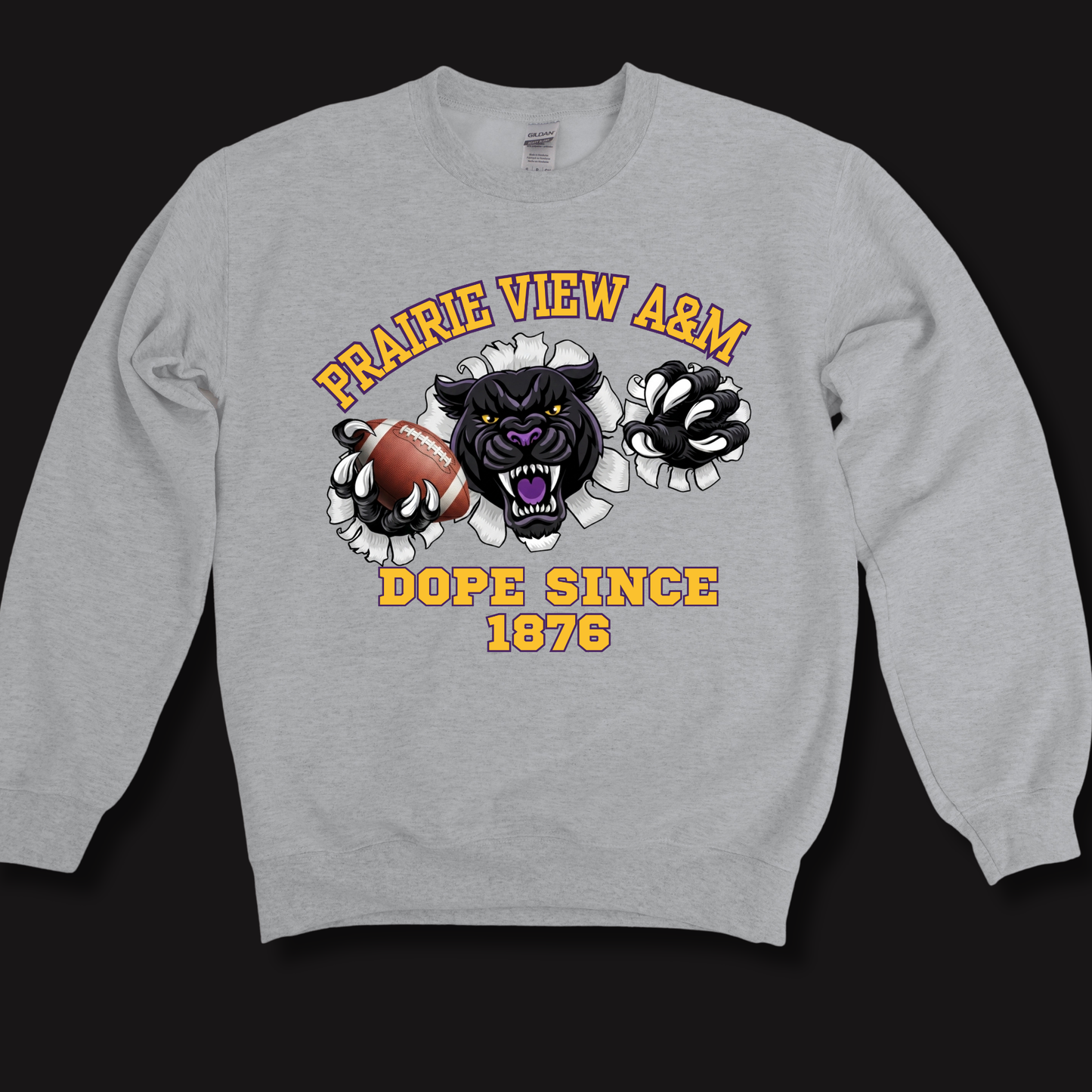 A light gray crewneck sweatshirt featuring a graphic print of a black panther holding a football, with the text 'PRAIRIE VIEW A&M' and 'DOPE SINCE 1876' in yellow and white.