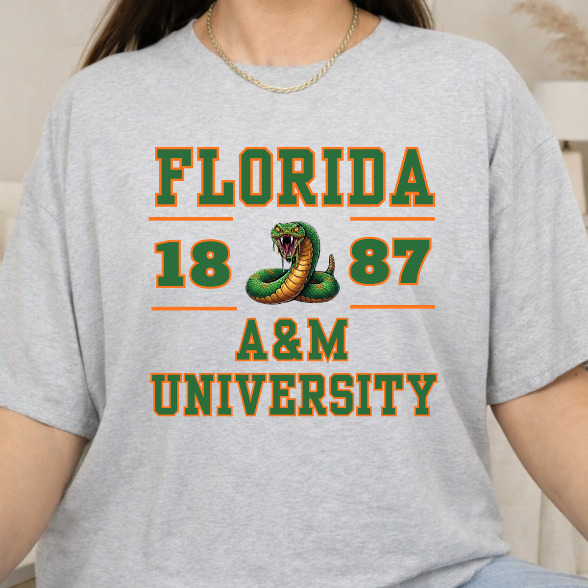 A person wearing a light heather gray graphic T-shirt with green and orange text reading 'FLORIDA 1887 A&M UNIVERSITY' and a green snake illustration on the front.